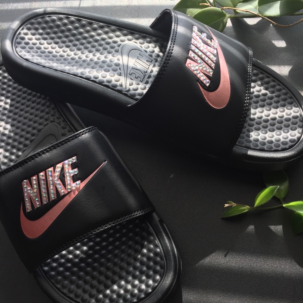 Black Nike Slides With Pink